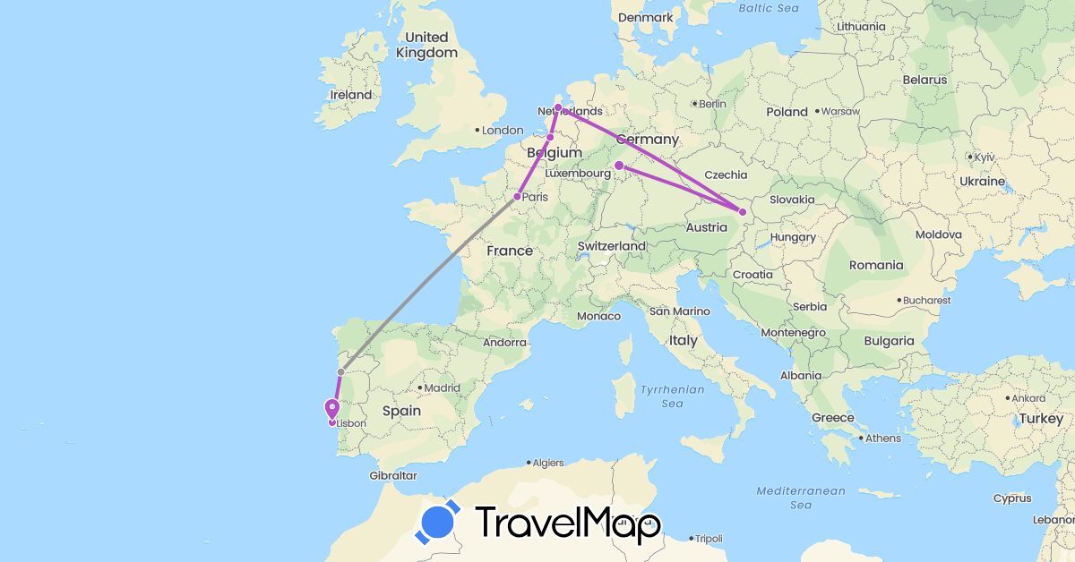 TravelMap itinerary: driving, plane, train in Austria, Belgium, Germany, France, Netherlands, Portugal (Europe)